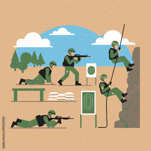 Military Training: Soldiers Practice Shooting, Crawling, and Rappelling