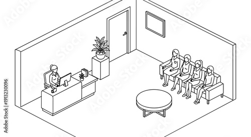 A female receptionist works at her desk while women patients wait in chairs in a clinic waiting room.