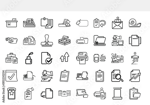 A collection of monochrome line art icons depicting various file management office and data related concepts in a grid layout high quality professional detailed modern