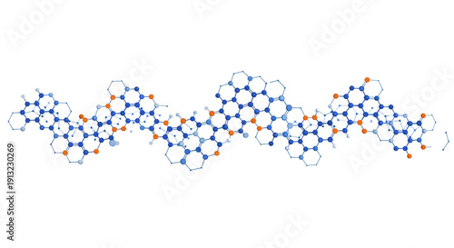 A complex molecular structure forms a long, wavy chain with repeating hexagonal units on a white background.