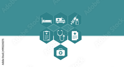 Various medical icons representing healthcare services and equipment are arranged in hexagonal shapes on a teal background.