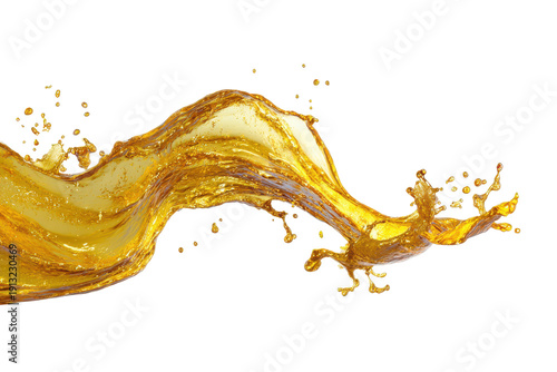 Golden liquid splash wave isolated on transparent background. Dynamic golden liquid splash movement isolated on white background.