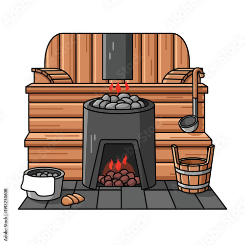 Sauna stove with burning logs and ladle in a wooden sauna room