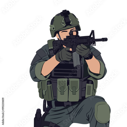 Soldier Aiming Rifle, Tactical Gear, Military Action Pose, Isolated