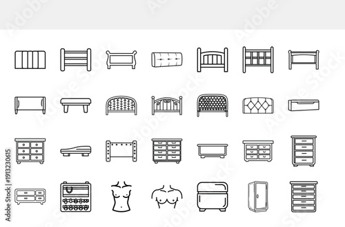 A collection of simple black and white line drawings depicts various furniture items including multiple bed frames and storage units high quality professional detailed modern