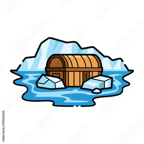 Illustration of a wooden barrel floating amidst icebergs in icy waters with glaciers in the background viewed from a distant perspective