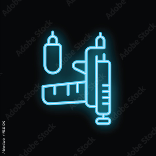 Blue neon icon of a tattoo machine glowing on a black background