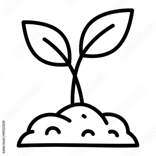 Seedling sprout growing in soil mound, black line art icon illustration isolated on white background, representing growth and ecology.