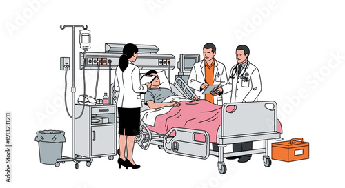 Three medical professionals, including a female doctor and two male doctors, attend to a male patient lying in a hospital bed with an IV drip.