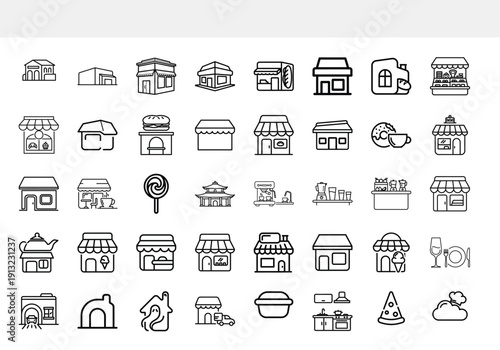 A collection of simple black and white line drawings depicts various types of buildings and storefronts including shops restaurants and structures high quality professional detailed