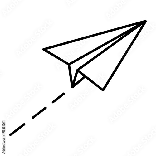 Paper Airplane Flying Icon with Dashed Line Trail, Minimalist Outline Vector Graphic for Send or Message Concept
