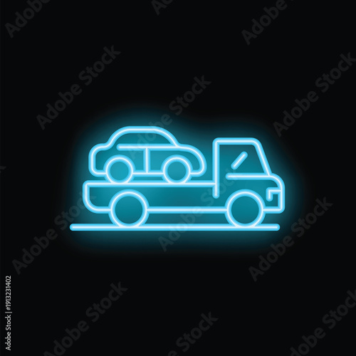 Blue glowing neon tow truck carrying a car, a symbol of vehicle assistance and transportation