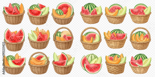 Watercolor illustration of fresh watermelon and cantaloupe slices in wicker baskets, perfect for summer designs.