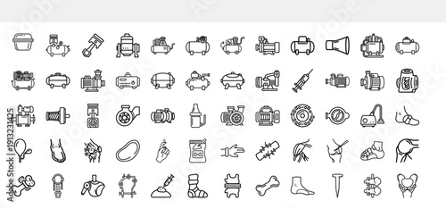 A collection of various black and white line art icons depicts diverse objects including vehicles tools electronics and household items high quality professional detailed modern