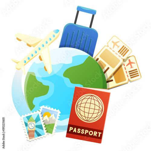 Travel essentials surround a globe with a passport and airplane for 52 destinations worldwide.