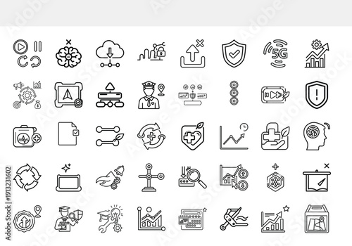 A collection of diverse outlined icons representing technology business medical and communication concepts in a neatly arranged grid layout high quality professional detailed modern elegant