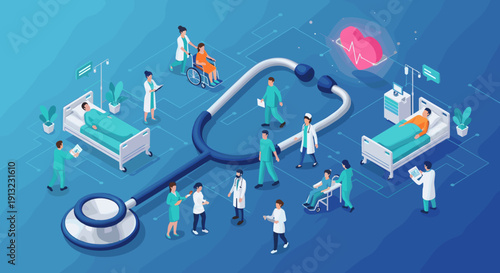 An isometric hospital scene featuring medical staff, patients in beds, and equipment, all centered around a large stethoscope.