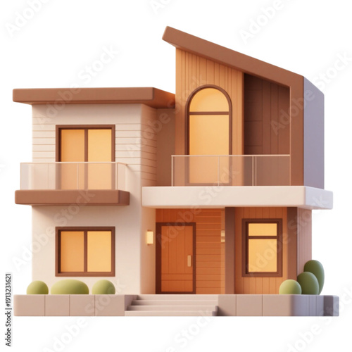 Modern house exterior with balconies and staircase viewed from the front elevation near six green plants