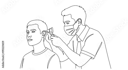 Line art illustration of a masked male doctor examining a patient's ear with an otoscope.
