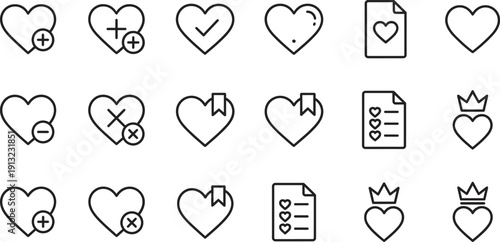Heart icons set with plus, minus, check, crown, bookmark, and document variations, vector design for favorites, likes, preferences, selections, and user interface graphics