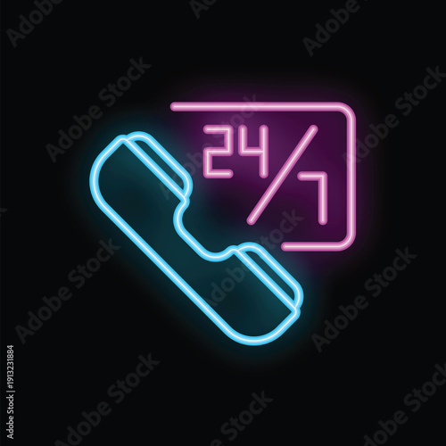 Bright neon icon of a hotline service operating around the clock