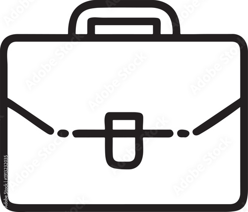A black leather business briefcase icon with a handle and lock is a vector symbol of a travel suitcase or portfolio bag, designed as a luggage object illustration on white