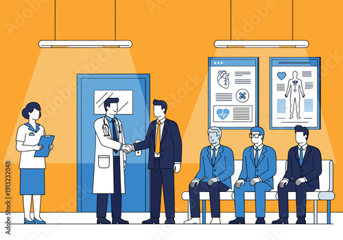 A doctor shakes hands with a businessman in a hospital waiting room while other patients sit on a bench.
