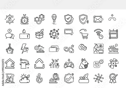 A collection of diverse minimalist line icons representing various concepts like security communication technology and everyday objects high quality professional detailed modern elegant stylish clean