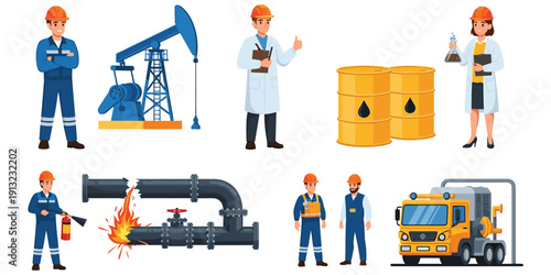 Oil industry workers and equipment including pumpjack barrels and broken pipeline Keywords: oil industry, oil pumpjack, oil