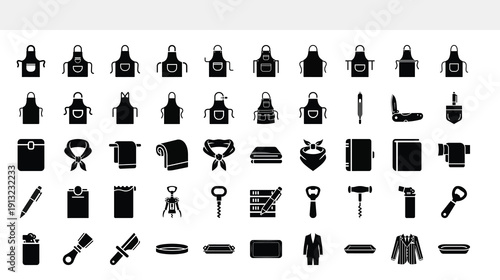 A collection of monochrome icons depicts various kitchen utensils cooking apparel and tools arranged in a grid like pattern high quality professional detailed modern elegant