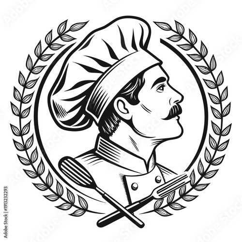 A beautifully detailed vintage chef logo featuring hand drawn elements perfect for restaurants cooking shows and culinary businesses seeking a