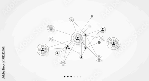 Global social network communication concept showing interconnected users linked through a central digital hub representing online community structure, social media interaction, professional networking