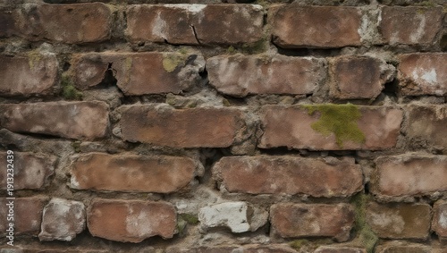 Close-up of an old weathered brick wall with moss and dirt, showcasing rustic texture.