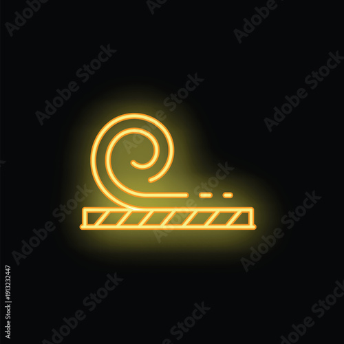 Yellow glowing neon icon of linoleum roll being unrolled on the floor on black background