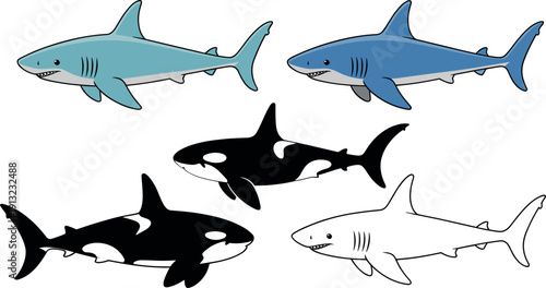 Realistic Shark and Orca Collection Marine Ocean Predators Flat Vector Illustration Set