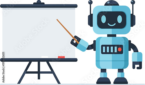 Friendly robot presenting ideas on a whiteboard in a classroom setting Vector