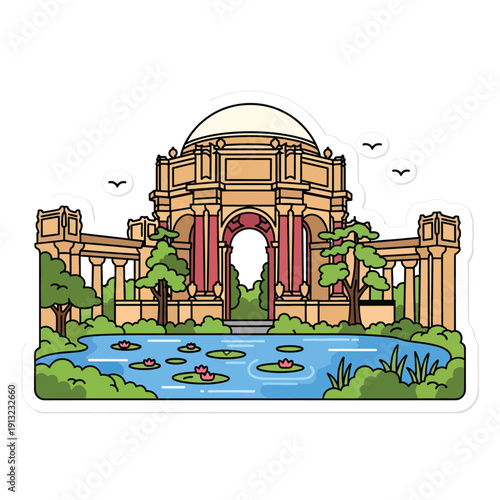 Illustration of Palace of Fine Arts surrounded by serene water and lush greenery viewed from a tranquil vantage point