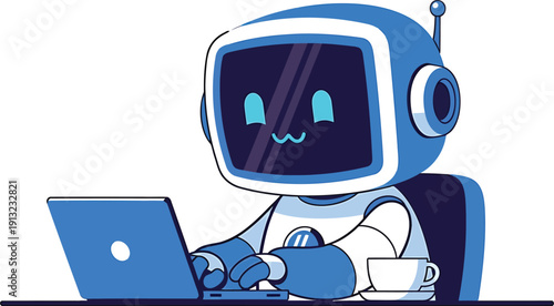 Futuristic robot working on a laptop with a focused and innovative expression Vector