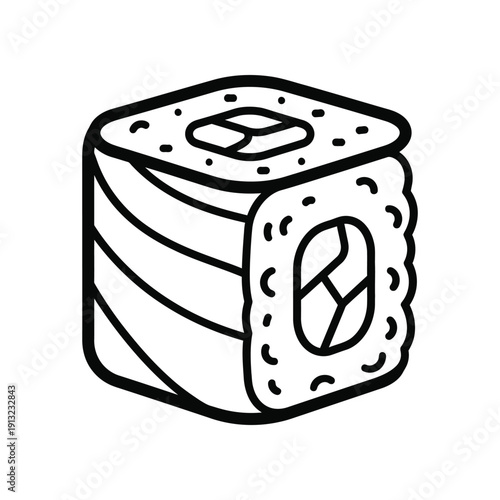Illustration of a stylized sushi roll block with a circular logo