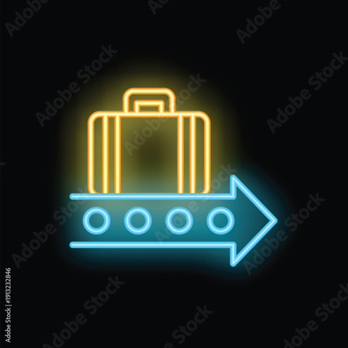 Neon sign of a suitcase on a conveyor belt moving to the right with an arrow pointing right