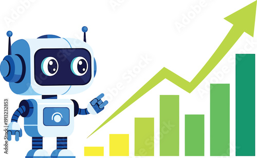A futuristic robot collaborating with a growing graph chart symbolizing technological advancement and progress Vector
