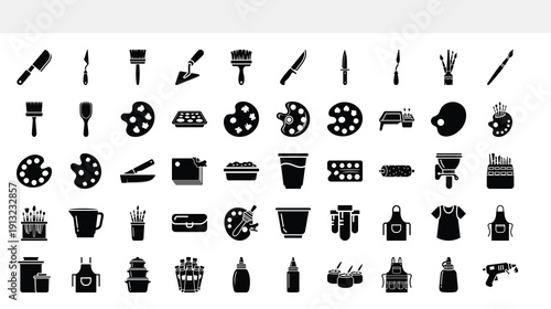 A collection of black silhouette icons representing various creative tools food items and media elements arranged on a white background high quality professional detailed modern
