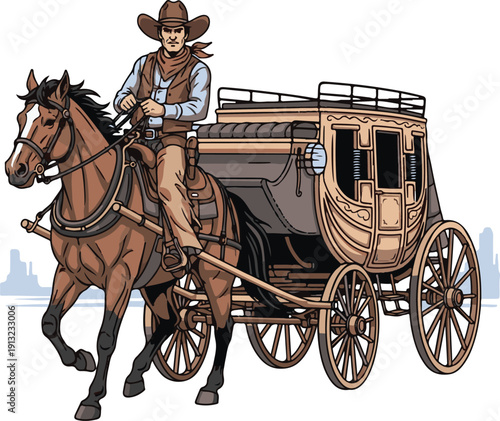 Vintage Cowboy on Horseback Pulling a Western Stagecoach Illustration