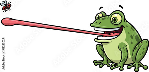 Cute Cartoon Frog Character Catching A Fly With A Long Pink Tongue For Pond Wildlife Nature Education Or Pest Control Humour Concept Vector Illustration Isolated On White