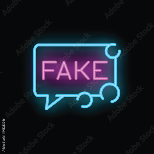 Neon sign in the shape of a speech bubble announcing fake news