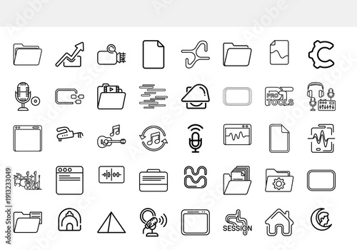 A collection of minimalist black and white line icons depicting various digital file types multimedia elements and system functions high quality professional detailed modern elegant