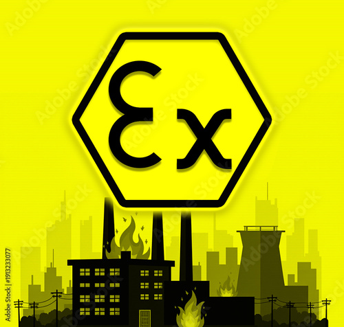 ATEX directive regulation (Equipment intended for use in explosive atmospheres) sign above factory warehouse on fire clipart
