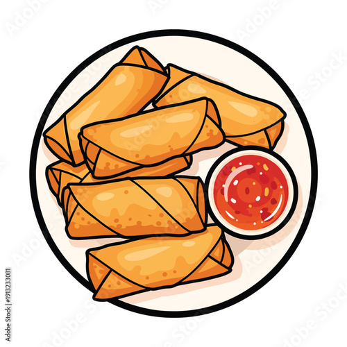 Illustration of spring rolls with dipping sauce on a plate, viewed from above, showcasing culinary delights in a simple setting
