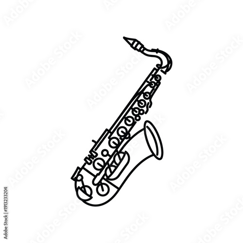 A sleek black and white illustration of a saxophone positioned diagonally