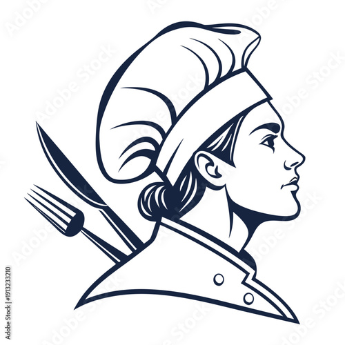 A sleek and modern chef logo uses negative space to create a sophisticated culinary brand identity for restaurants and food